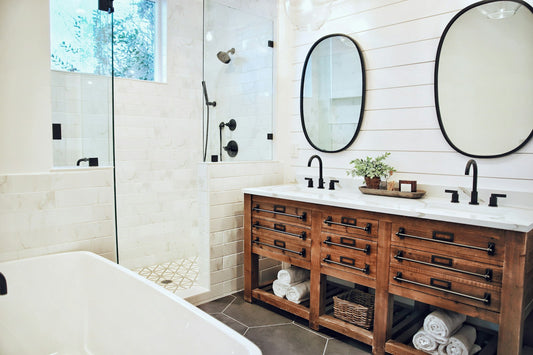 Cozy bathroom with a bathtub and warm wood tones