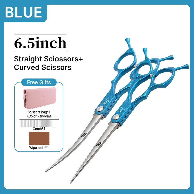 Fenice 6.5 inch Professional Pet Grooming Cutting Curved Thinning Chunker Scissors Shears Set Kit for Groomer Household Use