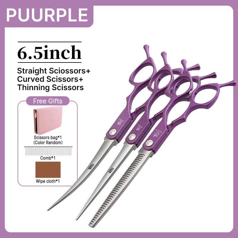 Fenice 6.5 inch Professional Pet Grooming Cutting Curved Thinning Chunker Scissors Shears Set Kit for Groomer Household Use