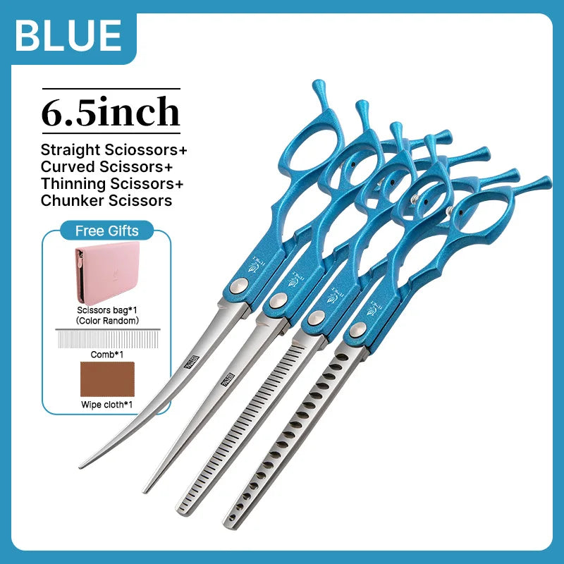Fenice 6.5 inch Professional Pet Grooming Cutting Curved Thinning Chunker Scissors Shears Set Kit for Groomer Household Use