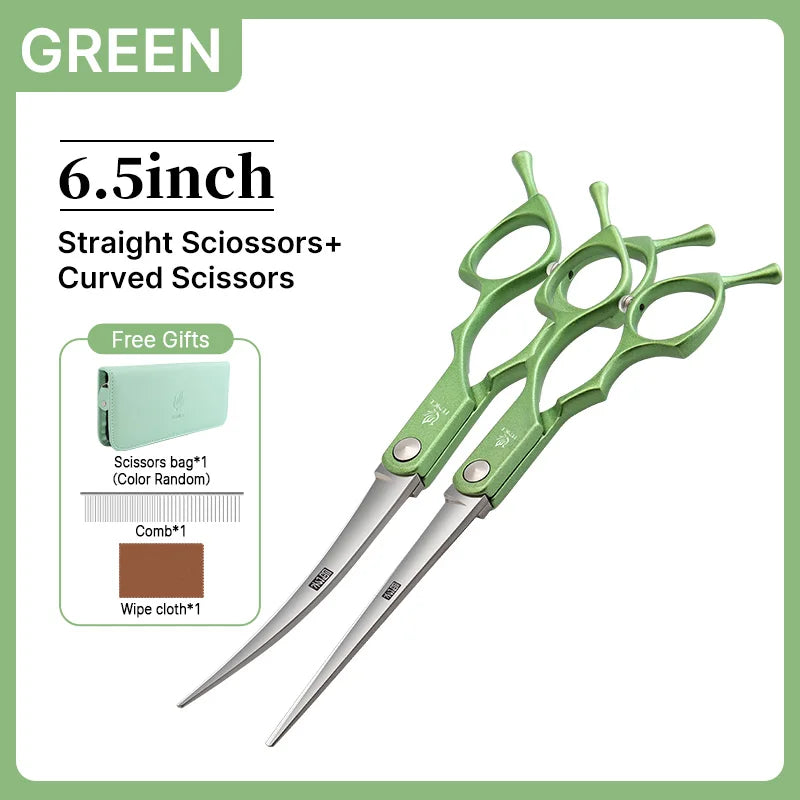 Fenice 6.5 inch Professional Pet Grooming Cutting Curved Thinning Chunker Scissors Shears Set Kit for Groomer Household Use