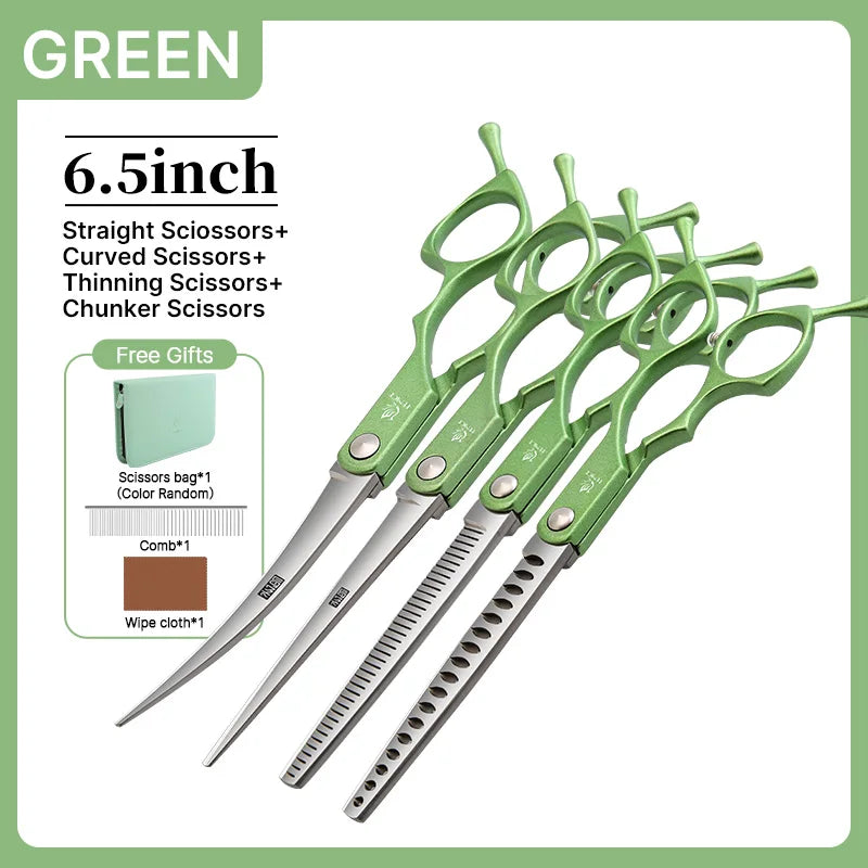 Fenice 6.5 inch Professional Pet Grooming Cutting Curved Thinning Chunker Scissors Shears Set Kit for Groomer Household Use