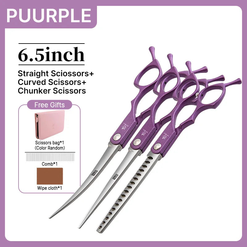 Fenice 6.5 inch Professional Pet Grooming Cutting Curved Thinning Chunker Scissors Shears Set Kit for Groomer Household Use