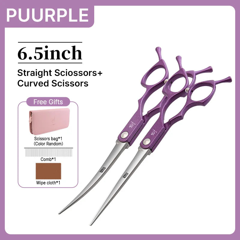 Fenice 6.5 inch Professional Pet Grooming Cutting Curved Thinning Chunker Scissors Shears Set Kit for Groomer Household Use