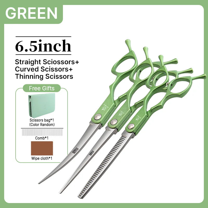 Fenice 6.5 inch Professional Pet Grooming Cutting Curved Thinning Chunker Scissors Shears Set Kit for Groomer Household Use