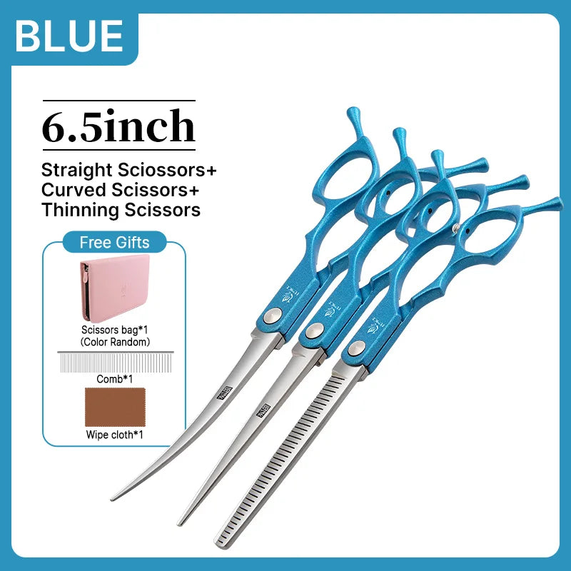 Fenice 6.5 inch Professional Pet Grooming Cutting Curved Thinning Chunker Scissors Shears Set Kit for Groomer Household Use