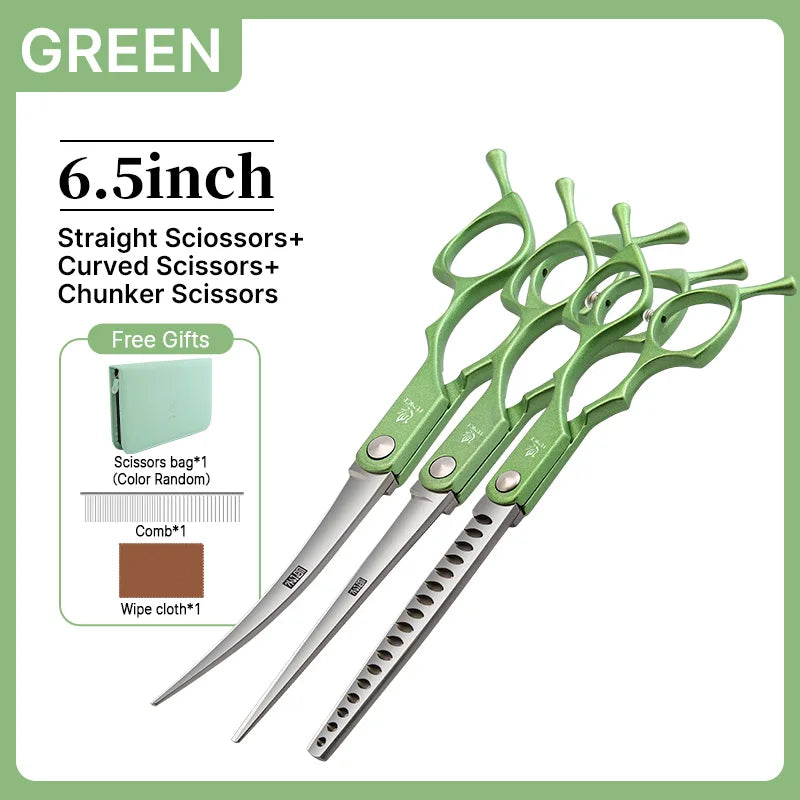 Fenice 6.5 inch Professional Pet Grooming Cutting Curved Thinning Chunker Scissors Shears Set Kit for Groomer Household Use