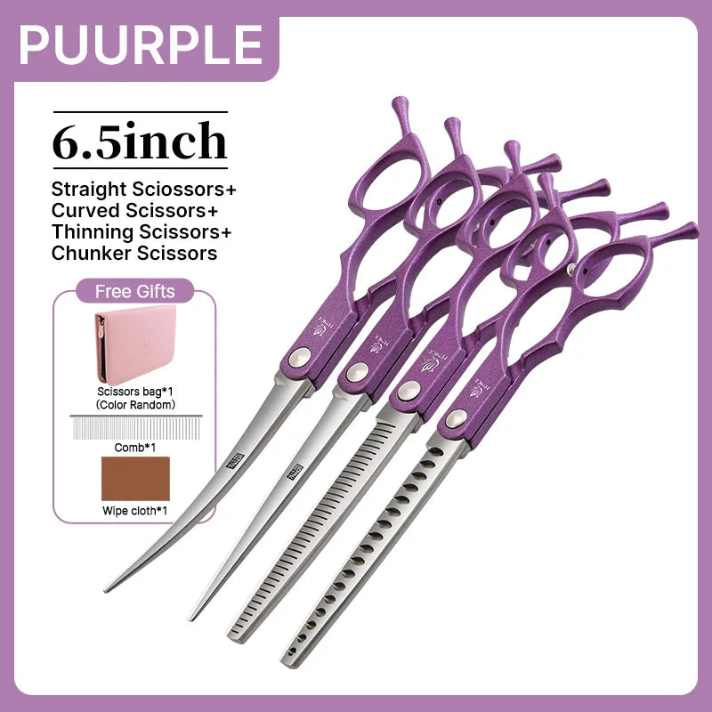 Fenice 6.5 inch Professional Pet Grooming Cutting Curved Thinning Chunker Scissors Shears Set Kit for Groomer Household Use