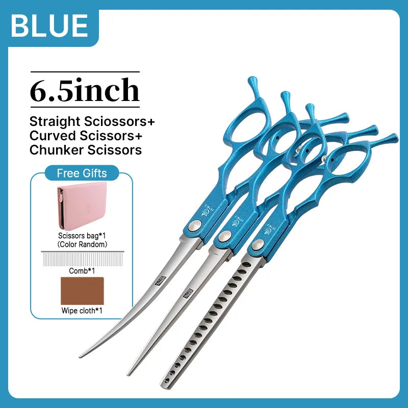 Fenice 6.5 inch Professional Pet Grooming Cutting Curved Thinning Chunker Scissors Shears Set Kit for Groomer Household Use