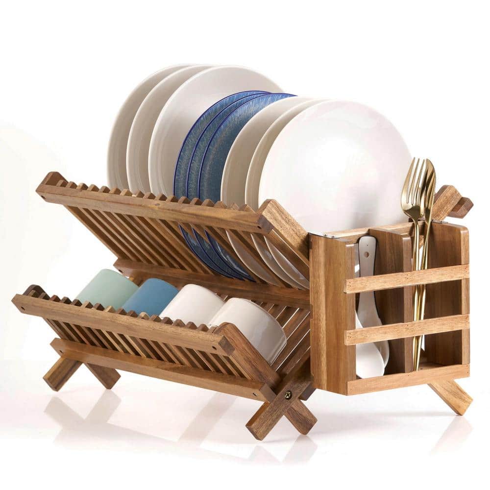 Numhew 2-Tier Collapsible Acacia Wood Dish Drying Rack